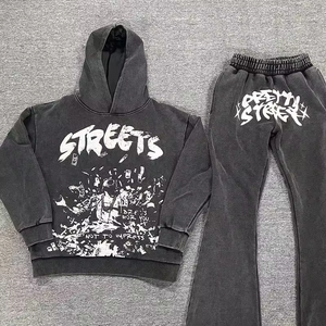 Street Custom Streetwear Tracksuit High Quality Flare Sweat Pants Blank Unisex Hoodie and Stacked Jogger Set Men - Product Image 1