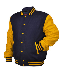 Chaqueta Varsity para Hombre 2026, de Lana Azul Marino con Mangas de Cuero Amarillo, Cierre de Botones, Parches Bordados Personalizados, Unisex - Product Image 2
