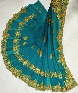 เสื้อส่าหรีมีสีเบจชุดปาร์ตี้งานแต่งงานดีไซน์เนอร์ผ้าไหมขอบลูกไม้สีเขียวอินเดียสำหรับผู้หญิงผู้ใหญ่500ชาติพันธุ์ - Product Image 5