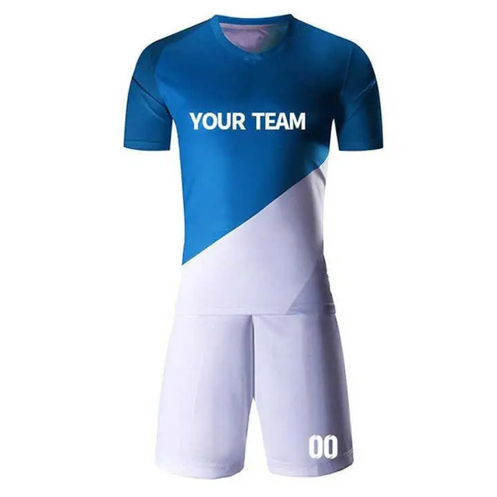 Blauwe En Witte Voetbaluniformen Voetbalshirt Set Goedkope Voetbaluniformen Voor Teams