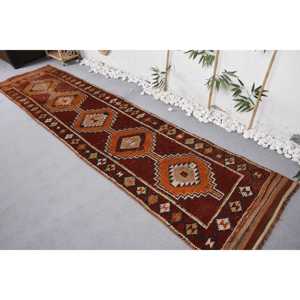 พรมวินเทจขนาด 2.6x11.2 ฟุต พรมลายทางสไตล์ตุรกี พรมลายต้นไม้และพืชสีน้ำตาลส้ม - Product Image 3