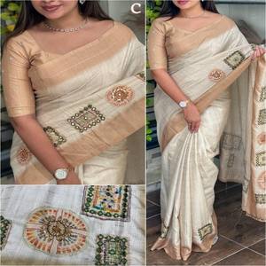 Sari elegante de algodón puro Tussar con impresiones digitales completas, forro de Jacquard Zari, trabajo de espejo de mano y detalle de tejido - Product Image 4