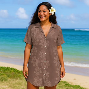 In Offerta: Abito Casual da Donna con Colletto Rovesciato e Tasche, Lunghezza al Ginocchio, Design Personalizzato Stile Hawaiano con Motivo a Conchiglia - Product Image 3