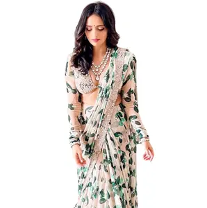 新款设计师白色和绿色褶边风格狐狸乔其纱刺绣亮片作品纱丽印度纱丽，用于婚礼和家庭服装