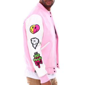 Top Quality Custom Chenille Embroidery Leather Sleeves Baseball Bomber <b>Wool</b> Cotton Letterman <b>Pink</b> Varsity Jacket for Men 2025 - Product Image 6
