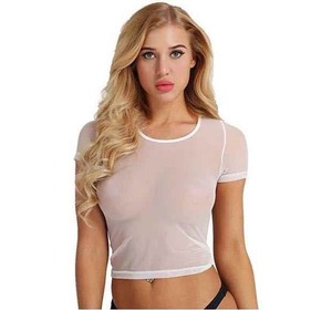 2025 negro América gran oferta verano ver a través de malla transparente manga corta cuello redondo mujeres Crop Top camiseta ropa Top - Product Image 4