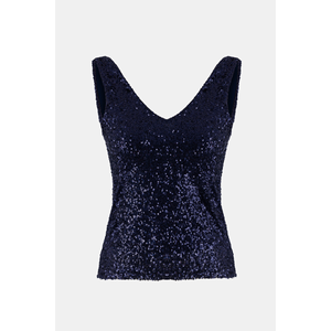 Blusa Casual Azul Marino con Cuello en V, Detalle de Lentejuelas Florales Chic, Cuello con Volantes, Talla XL, Viscosa Chifón, Logotipo Frontal, Primavera, Otoño, Fiestas - Product Image 6