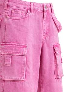 Manufacturer Custom Pink Denim Cargo Pants For <b>Women</b> High Waist Multi Pocket Wide Leg Loose Fit Streetwear Fashion Casual <b>Jeans</b> - Product Image 3
