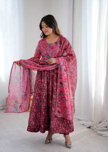 Salwar Kameez Dupatta Estilo Anarkali con Estampado Floral, Muselina Pura, Ropa Casual India y Pakistaní para Mujer, para Bodas, Playa, Fiestas, Secado Rápido - Product Image 4