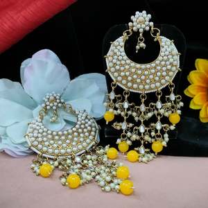 Classic Ethnic Chandbalis Dangle <b>Earrings</b> Pearl-Studded Crescent <b>Moon</b> Shape Fine Detailing Filigree Work for Enhancing Ethnic - Product Image 3