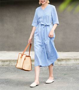 Nhà sản xuất quần áo, đầm midi cotton nữ tay dài cổ V thanh lịch, kiểu dáng thường ngày, mùa xuân hè, có size lớn - Product Image 2