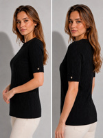 Suéter de Punto Negro de Manga Corta para Mujer, Cuello Redondo, 100% Algodón, Color Sólido Informal, Corte Regular con Detalle de Botones