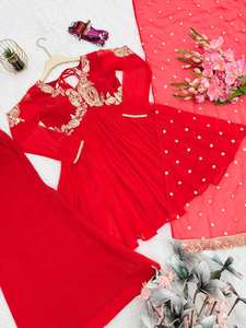 Nouvelle collection Sharara, ensemble moderne réversible en faux georgette de soie lourde, haut-bas et dupatta, prêt à porter, spécial occasion d'hiver - Product Image 6