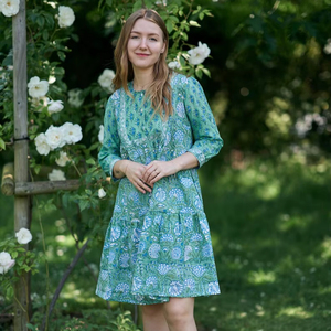 Vestido Moana Estampado a Mano, Estilo Bohemio, Floral, Verde Azul, Algodón Puro, Informal, Ocasional, Moda Ética - Product Image 1