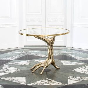 Table basse ouverte en aluminium de conception florale avec le dessus en verre approprié aux espaces d'événement ou aux environnements de vie chics - Product Image 4