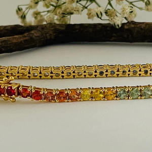 สร้อยข้อมือเทนนิสทองคำแท้ 14K ประดับด้วยไพลินหลากสีธรรมชาติ เครื่องประดับชั้นดี ของขวัญคริสเตียน หรูหราสำหรับผู้หญิง - Product Image 3