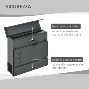 HOMCOM Buzón de Acero Galvanizado con 3 Ranuras y 2 Llaves de Seguridad, 37x10,5x37 cm, Gris - Product Image 4