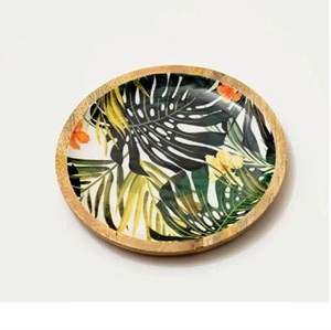 Brown Printed Wooden Enamel Bowl Coaster Custom <b>Wood</b> Coaster Set with 0handmade bone and Brass Inlay Made In India - Product Image 1
