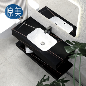 Tocadores de baño de superficie sólida flotante modernos, lavabo de pizarra de <span class=keywords><strong>roca</strong></span> colgada en la pared, tocador de baño de doble capa para Hotel - Product Image 2