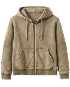 Sudadera con Capucha y Cremallera Color Caqui Lavado para Mujer, Estilo Urbano Desgastado, Bordado de Telaraña, Chaqueta con Capucha de Algodón y Felpa, Personalizada - Product Image 1