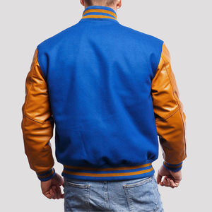 Royal Blue Tan Chaqueta universitaria para hombre Lana Letterman Bomber College Baseball con cuello levantado Transpirable Ribbed Trim Front Logo - Product Image 4
