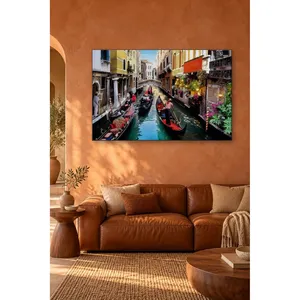 Impresión en lienzo del canal de Venecia con trattoria decorada con flores y góndolas - Product Image 3