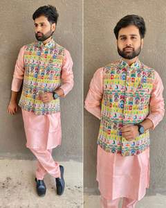 Traje Tradicional Kurta Pijama con Chaqueta para Hombre, Elegante Conjunto Étnico, Perfecto para Festivales, Recepciones y Fiestas - Product Image 5