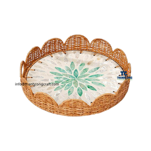 Venta al por mayor bandeja de ratán diseño redondo hecho a mano de Vietnam con incrustaciones de nácar Capiz Shell decoración del hogar Idea de regalo - Product Image 1
