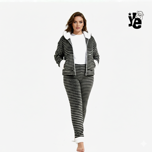 Ensemble de pyjama rayé respirant en spandex pour femme, avec sweat à capuche et pantalon chaud à taille élastique, logo personnalisé, grandes tailles, imprimé hiver, ODM - Product Image 3