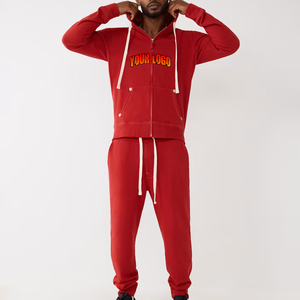 Survêtement rouge à logo personnalisé ensemble 2 pièces pour hommes sweat à capuche avec fermeture éclair complète et pantalon de survêtement ensemble 2 pièces Streetwear décontracté jogging OEM ODM - Product Image 1