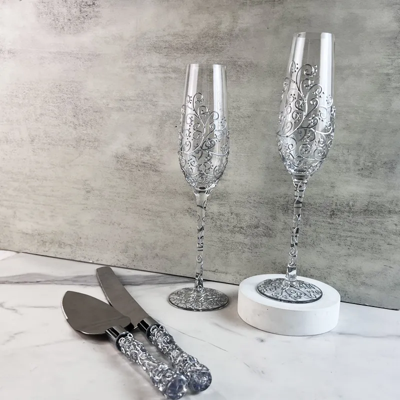 Conjunto de taças de casamento champanhe com padrão de prata e pinturas de 200ml feito à mão com pá e faca de bolo