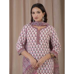 Traje Étnico de Kurta y Pantalón de Algodón con Estampado a Mano en Blanco y Rosa para Ocasiones Especiales - Anarkali Salwar - Product Image 1
