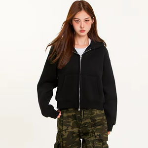 Manteaux pour femmes de marque tendance 350G, motif personnalisable, sweats à capuche courts et larges avec polaire épais et double fermeture éclair - Product Image 3