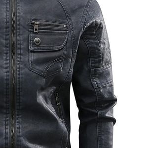 Chaqueta de cuero de estilo urbano para hombre con cuello alto y cremallera frontal con múltiples bolsillos funcionales para un aspecto urbano resistente - Product Image 4