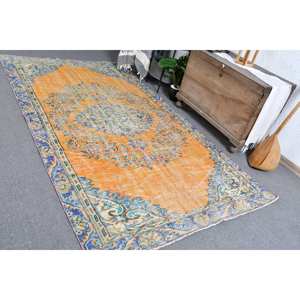 พรมทอสไตล์ตุรกีแนววินเทจผ้าวูลสีส้มน้ำเงิน5.3X9.5ฟุตมีแผ่นยางรองสำหรับตกแต่งห้องนั่งเล่น - Product Image 4