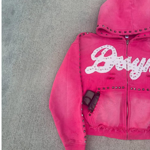 Custom Streetwear Vintage Distressed Ripped Boxy Cropped Embroidery Patch Sun Faded <b>Zip</b> up rhinestone Hoodies and <b>shorts</b> set - Product Image 3