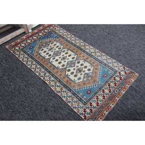 Alfombra Turca de 2.8x5.1 pies, Alfombra Herki Vintage, Alfombra Geométrica Azul de Lana - Product Image 3