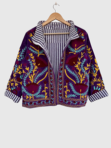Veste en velours violet brodée, manches longues, col mandarin, broderie florale faite à la main, vêtement d'automne pour adulte - Product Image 2