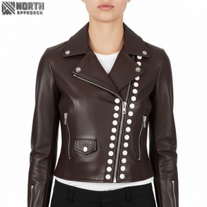 Vestes en cuir de moto décontractées pour femmes OEM de haute qualité Marque privée à la mode Fourniture en usine Cuir teint de qualité supérieure pour femmes - Product Image 6