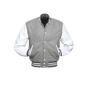 Chaqueta de Hombre en Mezcla de Lana Gris con Mangas Estilo Cuero Blanco, Forro Acolchado, Ribete a Rayas, Cierre de Botones a Presión, Ropa Urbana de Moda - Product Image 1