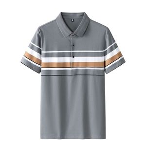 Polo a rayas con diseño impreso bordado y logotipo personalizado OEM Polo de manga corta holgado con solapa de verano para hombre - Product Image 1