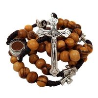 Chapelet de prière en bois d'olivier catholique notre père croix de Jérusalem en bois cordon court chapelet de protection de voiture amulette dans un sac en velours
