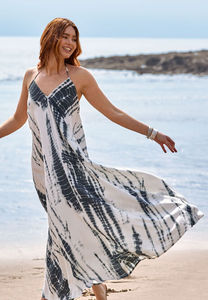 Elegante diseñador hasta el tobillo sin espalda Maxi vestido para mujer Floral Tie Dye 100% tela de rayón largo señoras verano Maxi vestido - Product Image 5