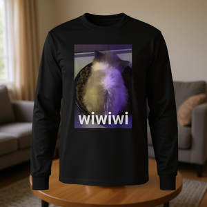 Wiwiwi Cat Meme T-shirt a maniche lunghe unisex per adulti taglia media in cotone nero per abbigliamento casual - Product Image 3