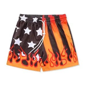 Men's Flame Graphic Basketball Shorts: Casual Workout Athletic Mesh Running Pants in Star Flame Print - Black Orange