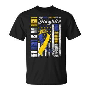 T-shirt unisexe pour adulte, manches courtes, col rond, imprimé en sérigraphie, « Je porte du bleu et du jaune pour ma fille, sensibilisation au syndrome de Down » - Product Image 1