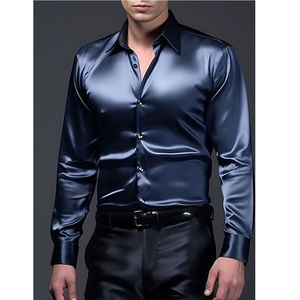 Men's Satin Luxury Solid Silk Dobby Fabric Long Sleeve Wrinkle Free Casual Streetwear Dance <b>Party</b> T-<b>Shirt</b> - Product Image 3
