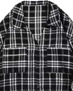 Chemise à carreaux noire et blanche en flanelle pour homme, coton et polyester, manches longues, boutonnée, décontractée, coupe ample, pour la vente en gros - Product Image 4