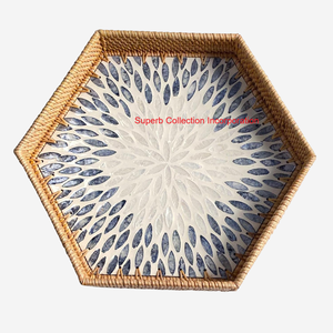 Elegante bandeja de servicio de ratán hexagonal con incrustaciones de concha marina, bandeja de almacenamiento tejida decorativa para decoración del hogar, bebidas, aperitivos y frutas - Product Image 2