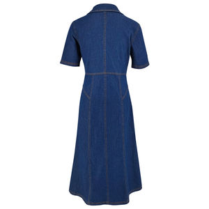Robe midi en jean à manches courtes pour femmes, élégante, boutonnée, chemise en jean, coupe ajustée, col rabattu, style A - Product Image 3